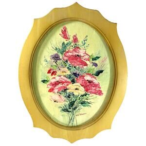 Ruth Jalmons Original Floral Oil Painting Vintage Shabby Chic Oval Frame 18”